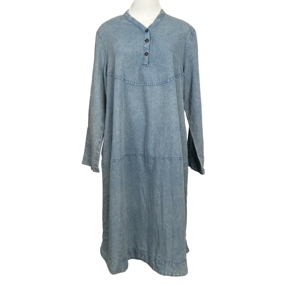 O-nelue Dress XL Denim Lagenlook Midi‎ Pullover Blue Pockets Roll Tab Sleeves